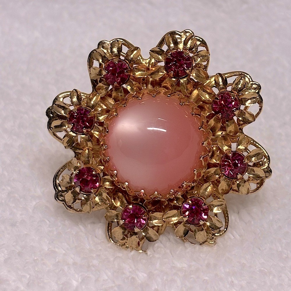 Vintage Coquette Pink Cabochon Floral Brooch | Gold Filigree Whimsigoth Pin